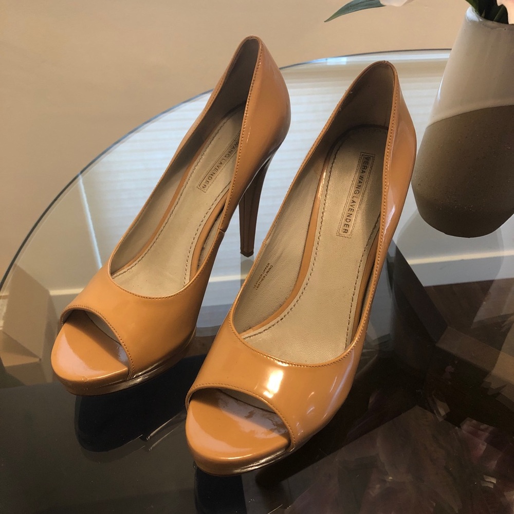 Nude Patent Leather Vera Wang Peep-toe Pumps